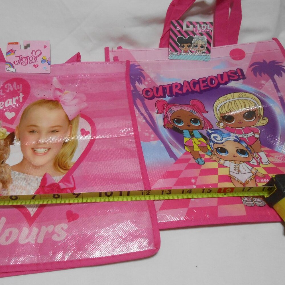 LOT 2 NEW PINK GIRLS REUSABLE SHOPPING TOTE BAGS L.O.L. SURPRISE & JO JO SIWA 👸